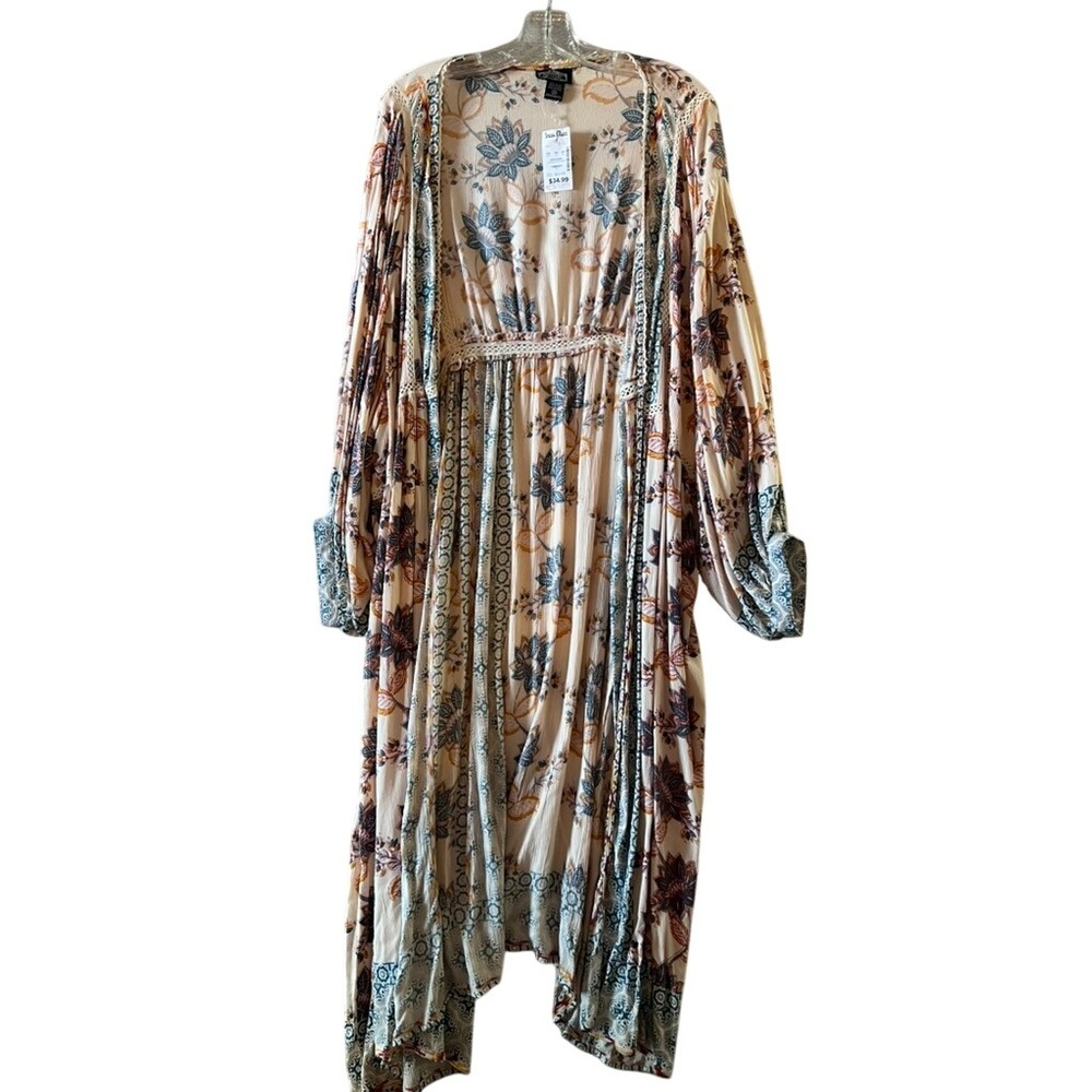 Angie Floral Print Duster Kimono Nude Boho Crochet Lace Trim 2X B9671-A698 NWT